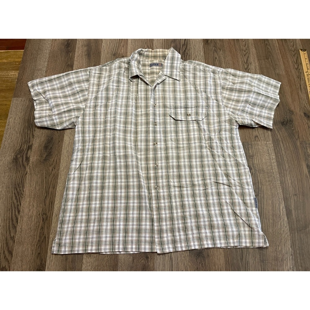 Raider Shirt, Men's Size Medium? White Tan, Plaid, Button Up, Short Sleeve